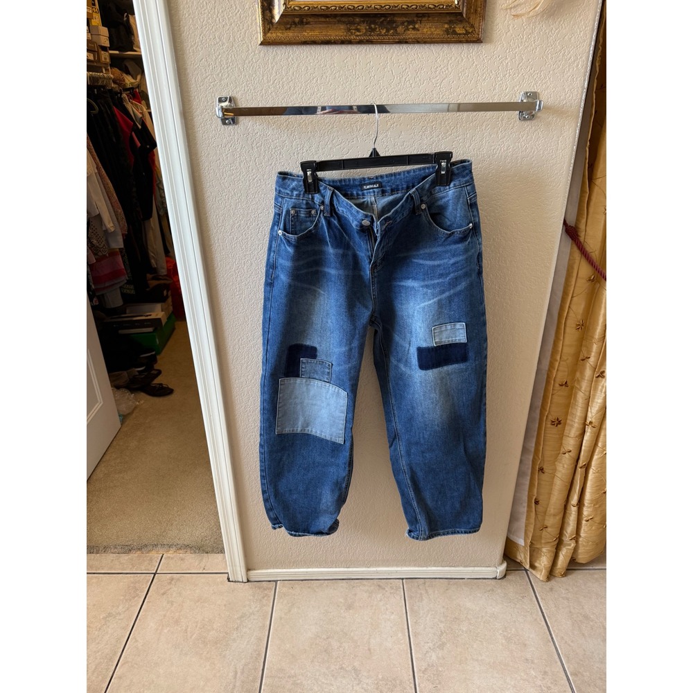 Flamingals Womens Patchwork Barrel Denim Jeans Medium Wash XL